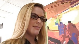 Amateur blonde babe with glasses fucked for a fat cash