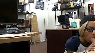 Blondie with glasses railed by pawn man in back office